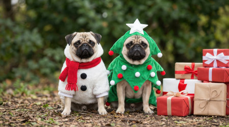 Two cute pugs, one dressed as a snowman and the other as a Christmas tree, sit amongst wrapped presents in a festive outdoor setting.の素材