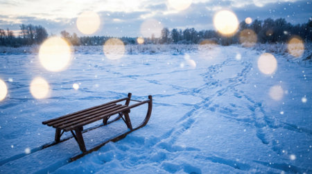 A vintage wooden sled sits abandoned on a vast, snow-covered field. The scene is illuminated by soft, diffused light, with bokeh effects creating a magical atmosphere.の素材
