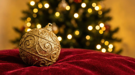 A close-up of a single, ornate golden Christmas ornament resting on a rich red velvet surface. In the background, a blurred Christmas tree with warm, glowing lights creates a festive atmosphere.の素材