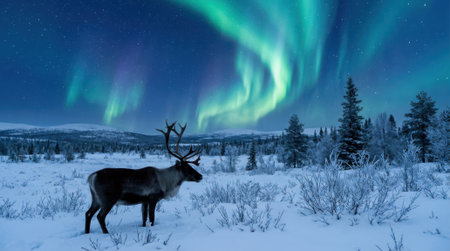 A lone reindeer stands in a snow-covered landscape, illuminated by the vibrant green hues of the Aurora Borealis dancing in the night sky.の素材