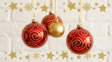 Three festive Christmas ornaments, two red with gold swirls and one gold, hang against a white brick wall adorned with gold stars and snowflakes.の素材