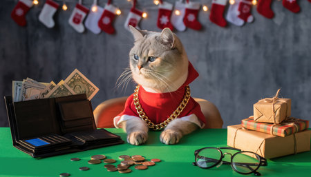 A humorous image of a cat dressed as Santa Claus, sitting at a table with a wallet full of money, coins, glasses, and Christmas gifts.の素材