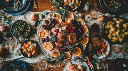 A top-down view of a bountiful food spread, featuring a central platter with oranges, berries, and herbs, surrounded by various dishes.の素材