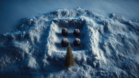 An aerial view of a mysterious ancient ritual site in a snowy environment. Four spherical objects are arranged within a square enclosure, with a single obelisk at the center.の素材