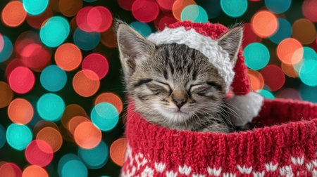 A cute tabby kitten with closed eyes wearing a Santa hat rests in a red and white knitted Christmas stocking, with a bokeh background of colorful Christmas lights.の素材
