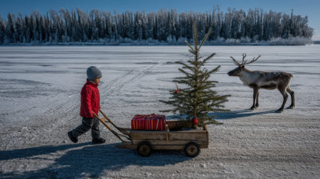 A young child in a red jacket pulls a small wagon with a Christmas tree and gifts through a snowy landscape, accompanied by a reindeer.の素材