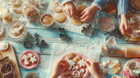 Overhead view of children's hands decorating festive Christmas cookies with icing and sprinkles on a rustic wooden table.の素材