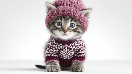 A cute tabby kitten dressed in a pink knitted hat and a festive sweater, looking directly at the camera.の素材