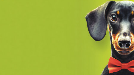 Close-up portrait of a black and tan dachshund wearing a red bow tie, set against a vibrant green textured background with ample copy space.の素材
