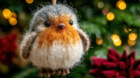 A charming, handmade knitted robin ornament with a red breast, set against a blurred background of Christmas tree lights and decorations.の素材