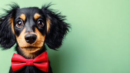 A cute black and tan dachshund puppy with big eyes and fluffy ears wears a bright red bowtie against a soft green background.の素材