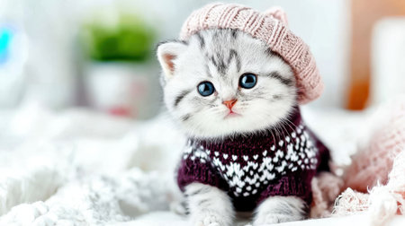 A cute, fluffy kitten with striking blue eyes is dressed in a warm, knitted sweater and a pink beret, looking directly at the camera.の素材