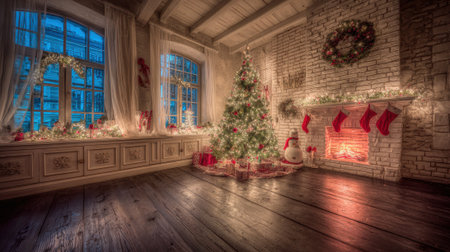 A warm and inviting Christmas scene featuring a beautifully decorated tree, a crackling fireplace with stockings, and festive lights.の素材