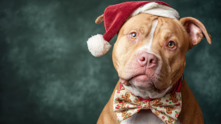 A cute pitbull dog dressed in a festive Santa hat and a charming bowtie, ready for Christmas celebrations.の素材