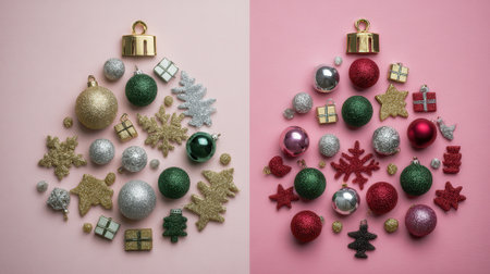 Two festive Christmas tree shapes made from various ornaments like baubles, snowflakes, and gift boxes on a pink background.の素材
