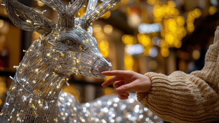 A person hand gently touches the nose of a sparkling reindeer statue adorned with numerous small lights, creating a festive holiday atmosphere.の素材
