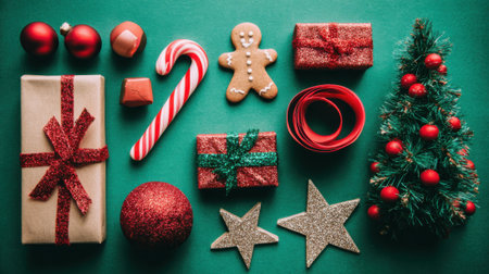 A festive flat lay arrangement of Christmas items including gifts, ornaments, and a gingerbread man on a green surface.の素材