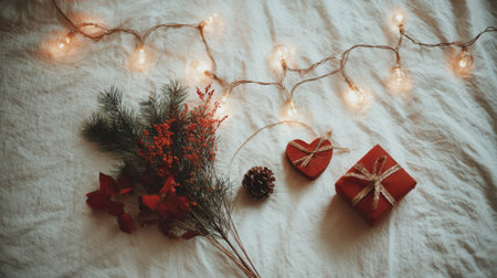 A warm and inviting Christmas scene featuring a bouquet of pine branches, a pinecone, a heart-shaped gift, and a wrapped present, all illuminated by soft string lights on a fluffy white blanket.の素材