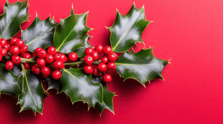 A close-up shot of a festive holly sprig featuring glossy green leaves and bright red berries, set against a solid red backdrop.の素材