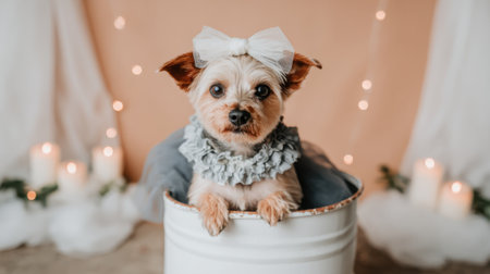 A cute Yorkshire Terrier dog sits in a white bucket, adorned with a festive bow and a ruffled collar, surrounded by soft lighting and decorative elements.の素材