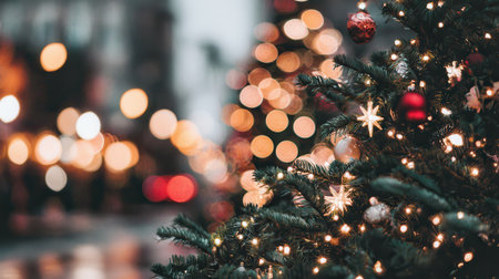 A festive Christmas tree adorned with lights and ornaments, with a blurred background of city lights creating a bokeh effect.の素材