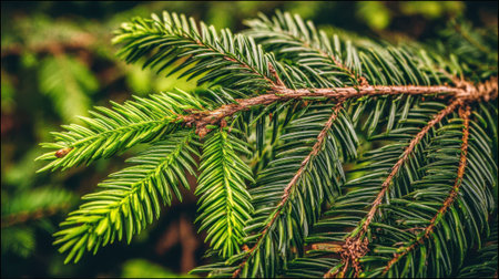 A detailed macro shot of a pine tree branch, showcasing the texture and color of its needles.の素材
