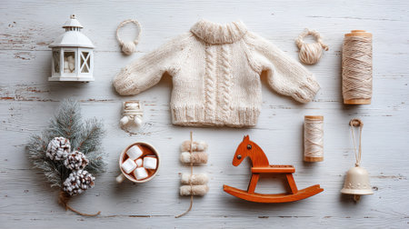 A charming flat lay arrangement featuring a warm knitted sweater, hot chocolate, a rocking horse, and festive holiday decor on a rustic wooden background.の素材