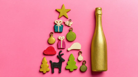 A festive arrangement of Christmas-themed cookies forming a tree shape next to a golden champagne bottle on a pink background.の素材