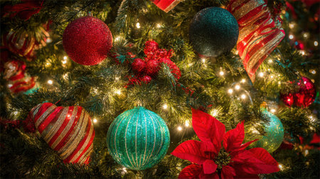 A festive and colorful close-up of a Christmas tree, adorned with red and teal ornaments, poinsettias, and twinkling lights.の素材