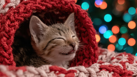 A small tabby kitten is nestled comfortably inside a warm, red knitted blanket, with soft bokeh Christmas lights in the background.の素材