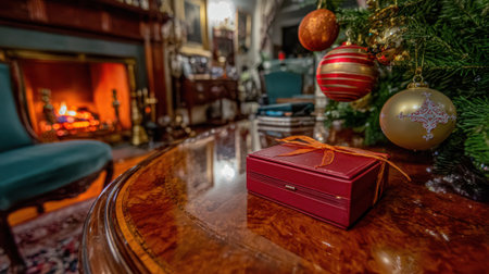 A warm and inviting Christmas scene featuring a glowing fireplace, a decorated Christmas tree, and a gift on a polished wooden table.の素材