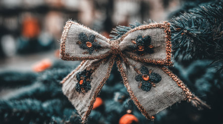 A detailed view of a textured, rustic Christmas bow adorned with floral motifs, attached to a dark green pine tree branch, evoking a festive holiday mood.の素材