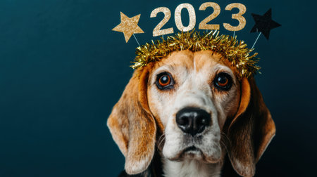 A close-up portrait of a beagle dog wearing a festive 2023 New Years Eve headband, ready to celebrate.の素材