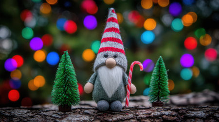 A charming Christmas gnome holding a candy cane stands between two miniature pine trees, set against a bokeh background of colorful holiday lights.の素材