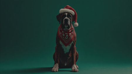 A charming Boxer dog sits patiently, adorned in a festive Santa hat and a red scarf, against a solid green background, embodying the holiday spirit.の素材