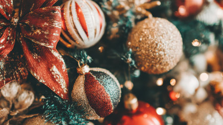 A detailed close-up shot of a Christmas tree adorned with various ornaments, including a prominent red bow and shimmering golden baubles, evoking a festive holiday spirit.の素材