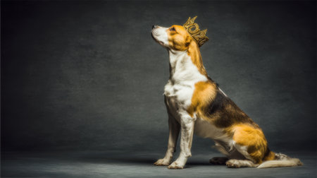 A tri-color Beagle dog sits attentively, showcasing a unique mohawk hairstyle, against a textured dark gray studio backdrop.の素材