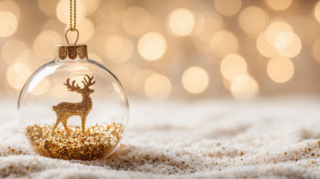A clear glass Christmas ornament with a golden deer figurine and glitter inside, resting on a snowy surface with soft, blurred bokeh lights in the background.の素材