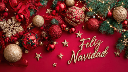 A vibrant red background adorned with sparkling Christmas ornaments, pine branches, and the festive greeting Feliz Navidad.の素材