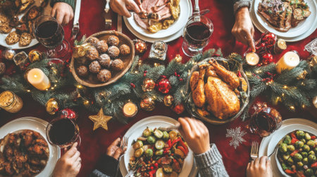 A top-down view of a beautifully set Christmas dinner table, featuring a golden roasted turkey, various side dishes, and festive decorations.の素材