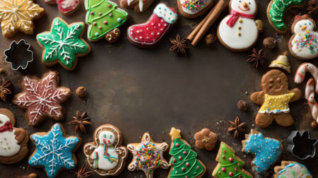 A delightful arrangement of decorated Christmas cookies forming a border, featuring gingerbread men, snowflakes, and trees.の素材