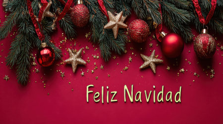 A festive Feliz Navidad text overlay on a vibrant red background, adorned with Christmas tree branches, red ornaments, and star decorations.の素材