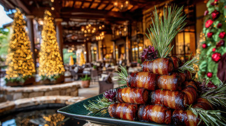 Delicious bacon-wrapped appetizers are presented on a platter in the foreground, with a warmly lit restaurant decorated for Christmas in the background.の素材