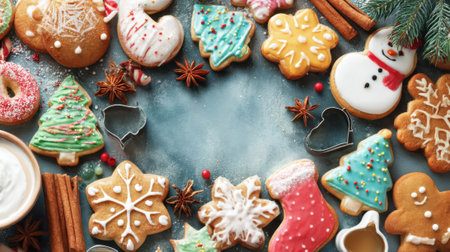 A delightful arrangement of decorated Christmas cookies, including a snowman, gingerbread man, and festive shapes, perfect for holiday celebrations.の素材