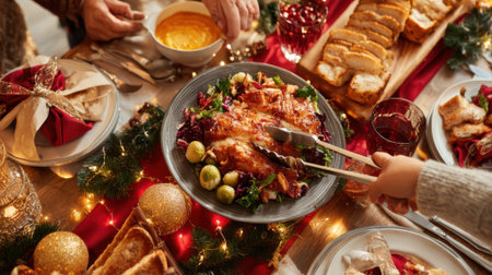 A close-up view of a beautifully set Christmas dinner table, featuring a variety of festive dishes and holiday decorations, with hands reaching for food.の素材