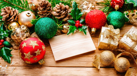A rustic wooden table adorned with traditional Christmas ornaments, pine cones, holly, and wrapped gifts, creating a warm and inviting holiday atmosphere.の素材