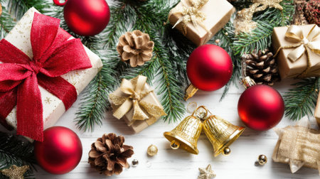 A beautiful arrangement of Christmas elements including pine branches, red ornaments, golden bells, pinecones, and gift boxes, evoking a warm holiday spirit.の素材