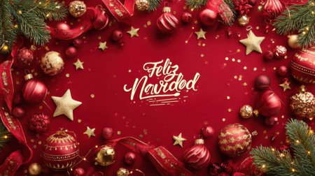A vibrant red background adorned with a festive Christmas frame featuring ornaments, pine branches, and ribbons, with Feliz Navidad elegantly written in the center.の素材