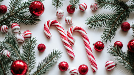 A delightful overhead view of a Christmas flat lay featuring candy canes, red ornaments, and pine branches on a white background.の素材
