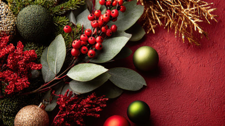 A close-up view of a Christmas wreath featuring red berries, green leaves, pine needles, and decorative ornaments on a textured red background.の素材